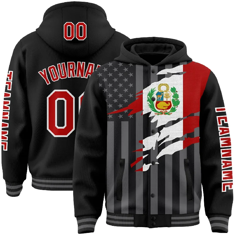 Lightweight And Breathable Unisex Wear Crazy Price Slashing Custom Black Red-Gray Peru Peruvian Flag 3D Bomber Full-Snap Varsity Letterman Hoodie Jacket