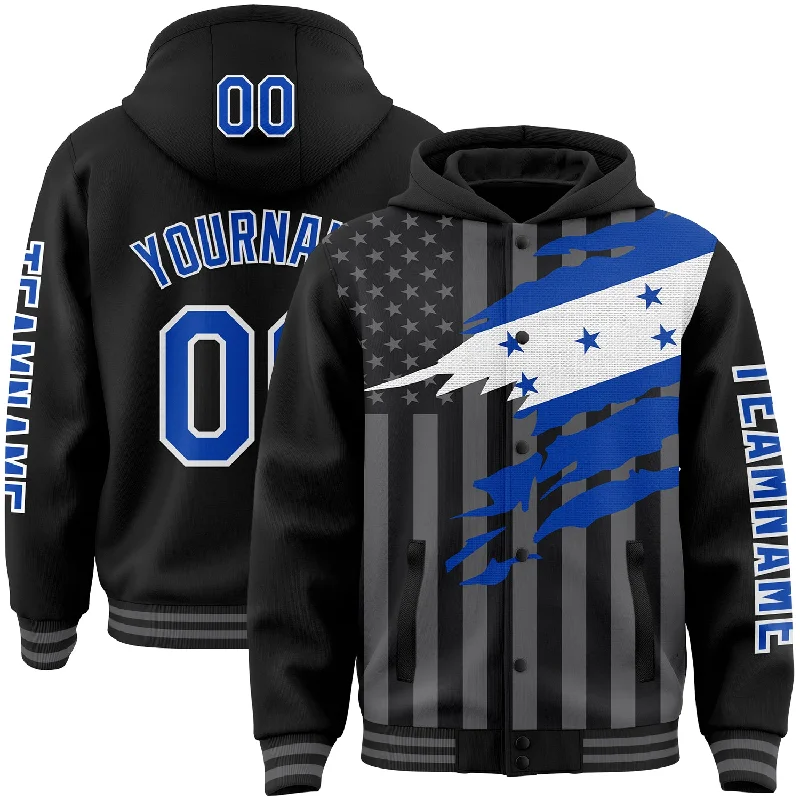 Bold And Trendy Gender-Neutral Outfits Special Offer For You Custom Black Thunder Blue-Gray Honduras Honduran Flag 3D Bomber Full-Snap Varsity Letterman Hoodie Jacket