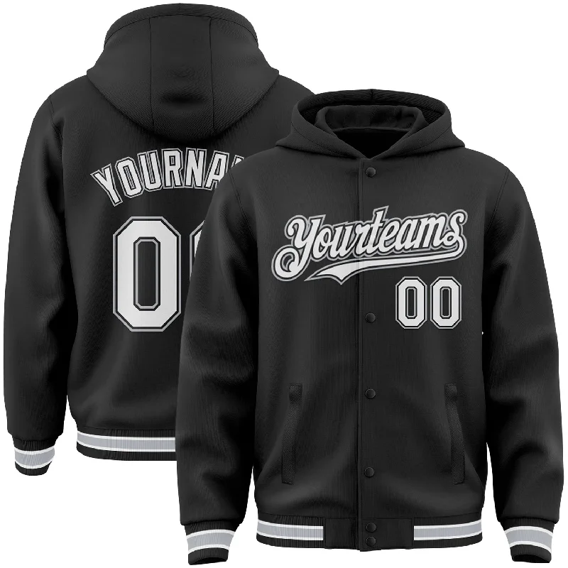 Unisex Casual Fashion Trends Discover Now Custom Black White-Gray Bomber Full-Snap Varsity Letterman Hoodie Jacket