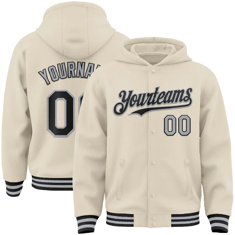 Gender-Neutral Clothing Styles Edgy Fashion Deals Custom Cream Black-Gray Bomber Full-Snap Varsity Letterman Hoodie Jacket