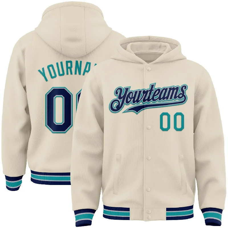 Casual Yet Sophisticated Unisex Fashion Inspired By You, Designed For You Custom Cream Navy Gray-Teal Bomber Full-Snap Varsity Letterman Hoodie Jacket