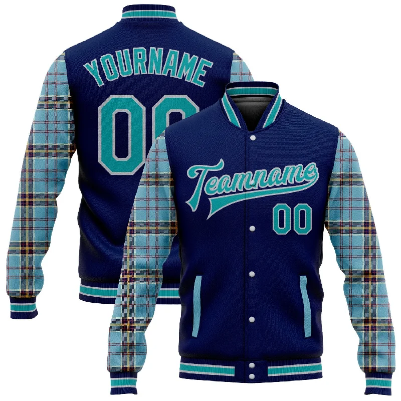 Functional And Stylish Unisex Wear Special Offer Custom Navy Teal Gray-Shadow Blue Classic Western Plaid 3D Pattern Design Bomber Full-Snap Varsity Letterman Jacket