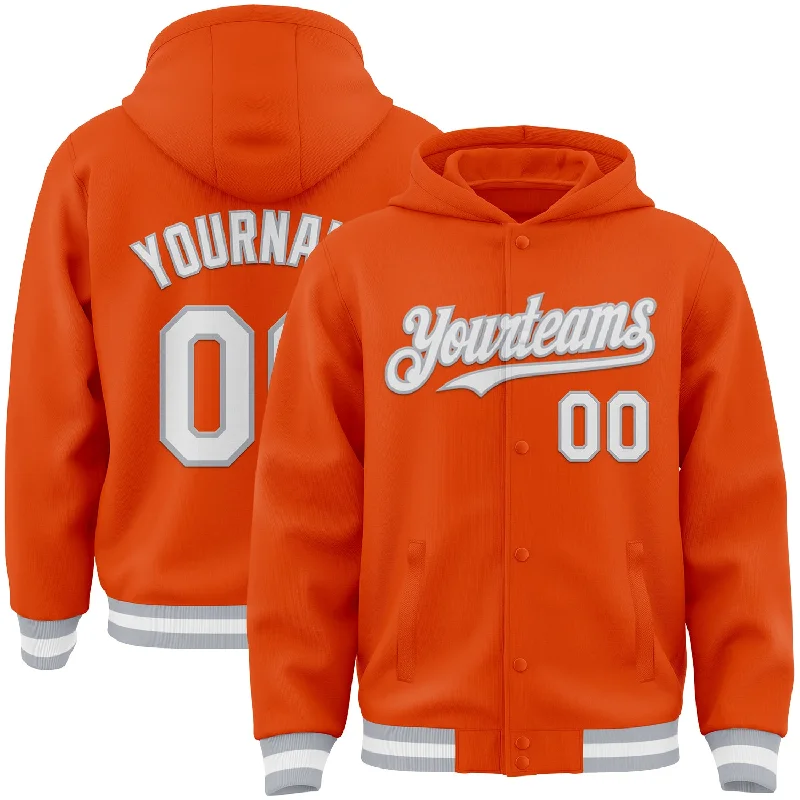 Urban Unisex Fashion Outfits Chic Style Discounts Custom Orange White-Gray Bomber Full-Snap Varsity Letterman Hoodie Jacket