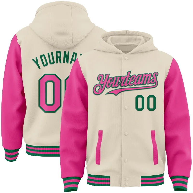 Versatile And Stylish Unisex Apparel Cool Prices Custom Cream Pink-Kelly Green Bomber Full-Snap Varsity Letterman Two Tone Hoodie Jacket