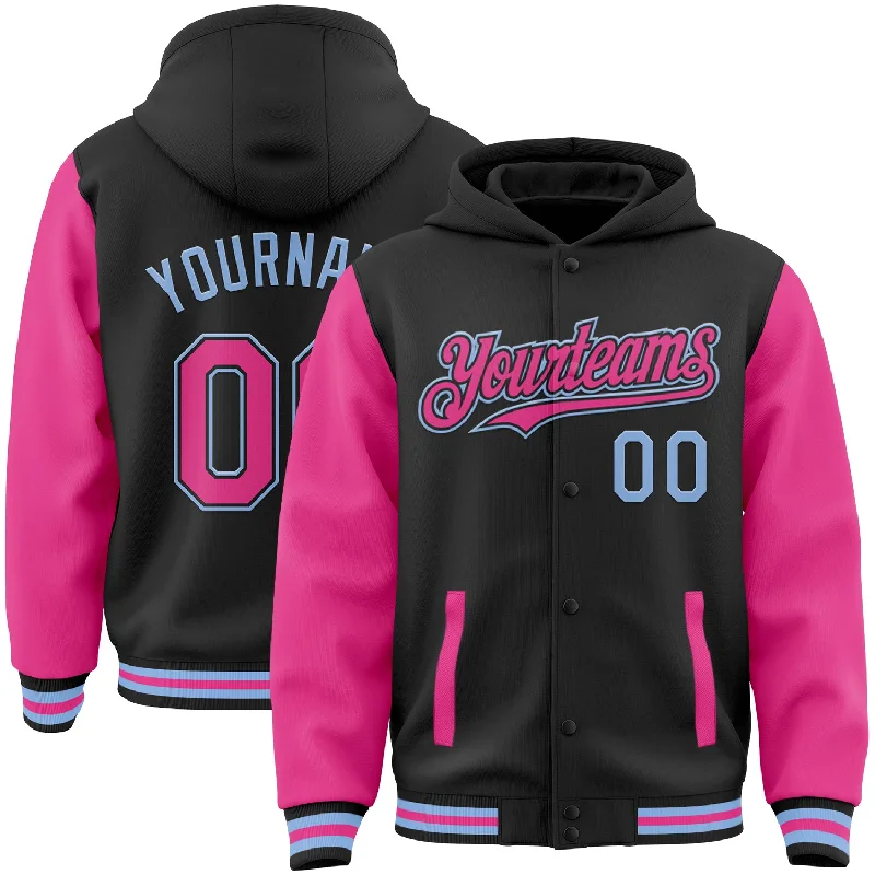 Breathable And Lightweight Unisex Wear Discover Now Custom Black Pink-Light Blue Bomber Full-Snap Varsity Letterman Two Tone Hoodie Jacket