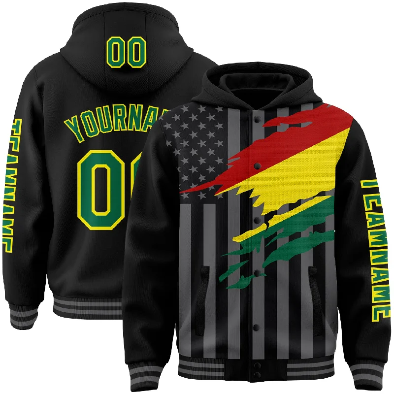 Trendy Unisex Streetwear Fashion Style Revolution Custom Black Kelly Green Light Yellow-Gray Bolivia Bolivian Flag 3D Bomber Full-Snap Varsity Letterman Hoodie Jacket