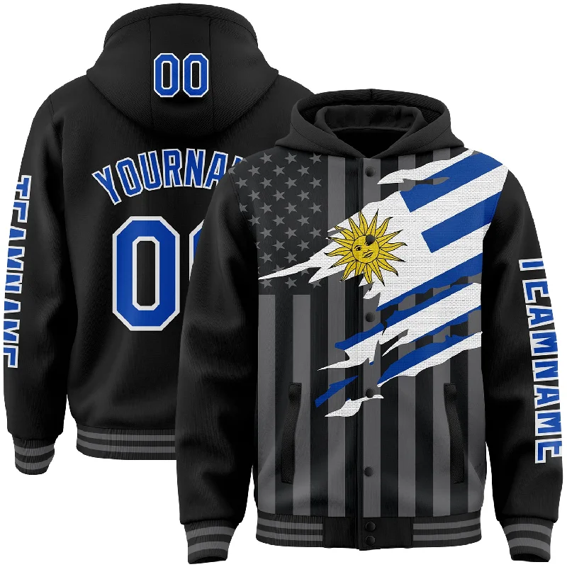 Classic And Timeless Gender-Neutral Fashion Fashion Forward Femininity Custom Black Thunder Blue-Gray Uruguay Uruguayan Flag 3D Bomber Full-Snap Varsity Letterman Hoodie Jacket