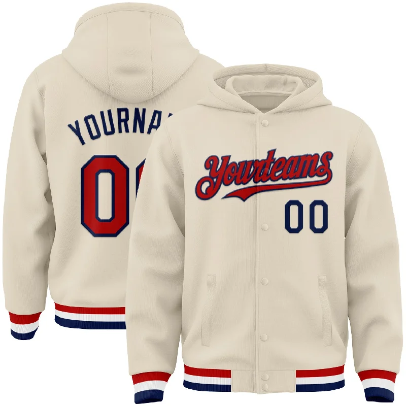 Trendy Unisex Flash Sales Custom Cream Red Navy-White Bomber Full-Snap Varsity Letterman Hoodie Jacket