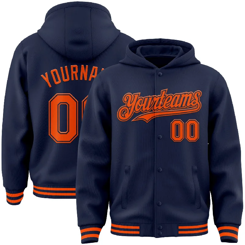 Unisex Casual Fashion Trends Gift Ideas Custom Navy Orange Bomber Full-Snap Varsity Letterman Hoodie Jacket