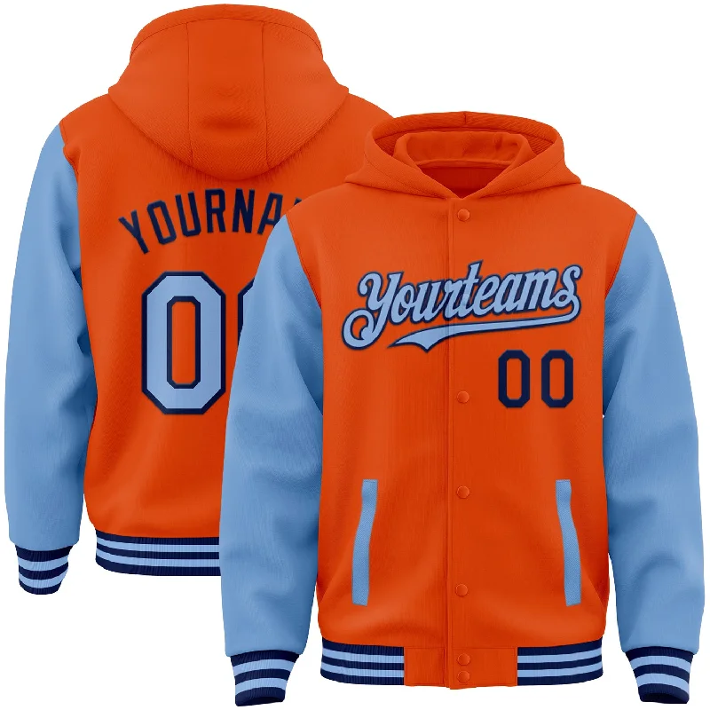 Sustainable Gender-Neutral Apparel Timeless Elegance Redefined Custom Orange Light Blue-Navy Bomber Full-Snap Varsity Letterman Two Tone Hoodie Jacket