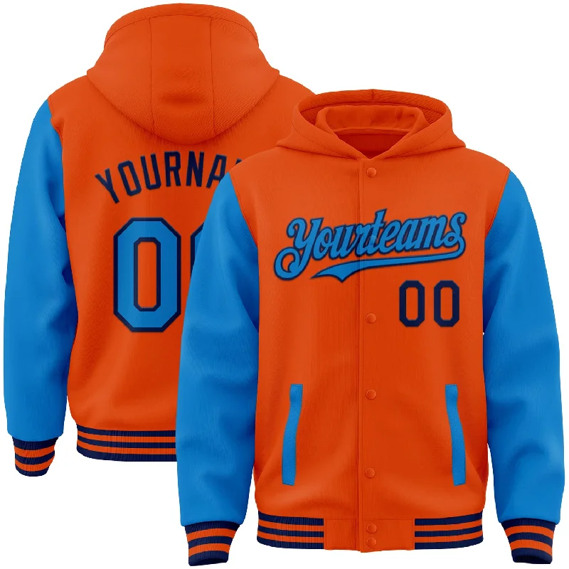 Unisex Casual Wear For All Seasons Crazy Discounts, Hurry Up Custom Orange Powder Blue-Navy Bomber Full-Snap Varsity Letterman Two Tone Hoodie Jacket