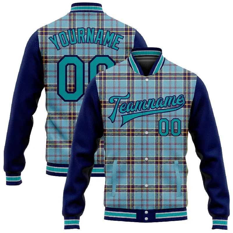 Unisex Casual Fashion Trends Clearance Event Custom Shadow Blue Teal Navy-Gray Classic Western Plaid 3D Pattern Design Bomber Full-Snap Varsity Letterman Jacket