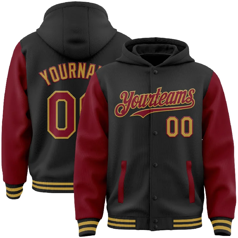 Versatile Clothing For All Genders Trendy Women'S Wear Collection Custom Black Crimson-Old Gold Bomber Full-Snap Varsity Letterman Two Tone Hoodie Jacket