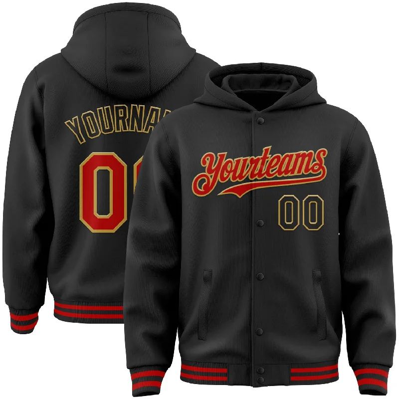 Sleek And Stylish Unisex Outerwear Polished Style Deals Custom Black Red-Old Gold Bomber Full-Snap Varsity Letterman Hoodie Jacket