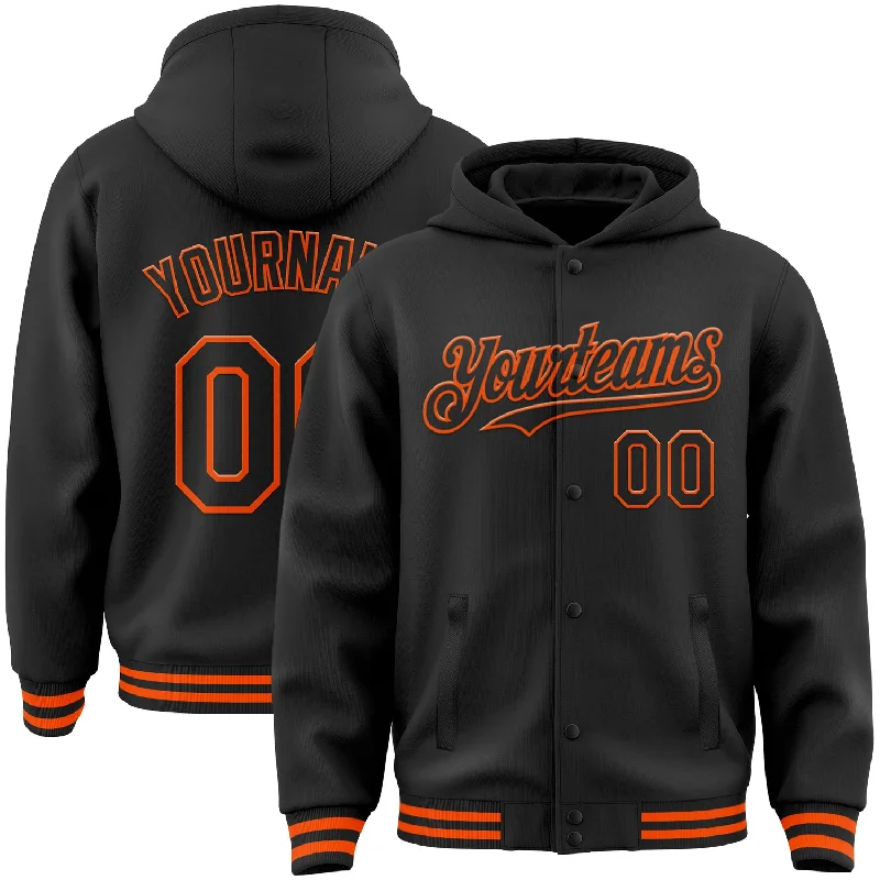 Comfortable Unisex Streetwear Daring Fashion Promotions Custom Black Orange Bomber Full-Snap Varsity Letterman Hoodie Jacket