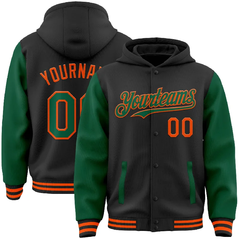 Contemporary Gender-Free Clothing Styles Sophisticated Fashion Custom Black Kelly Green-Orange Bomber Full-Snap Varsity Letterman Two Tone Hoodie Jacket