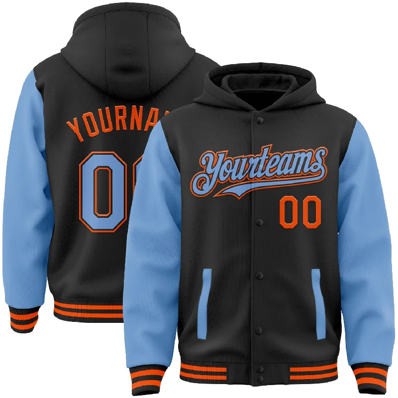 Functional And Stylish Unisex Outerwear Limited Time Custom Black Light Blue-Orange Bomber Full-Snap Varsity Letterman Two Tone Hoodie Jacket