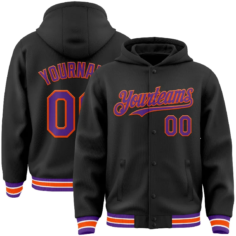 Comfortable Unisex Streetwear Flash Sale Custom Black Purple-Orange Bomber Full-Snap Varsity Letterman Hoodie Jacket