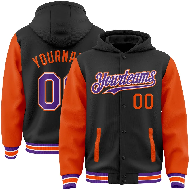 Chic And Contemporary Unisex Clothing Choices Edgy Fashion Deals Custom Black Purple-Orange Bomber Full-Snap Varsity Letterman Two Tone Hoodie Jacket