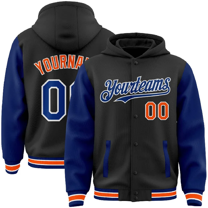 Classic Unisex Fashion Looks The Latest Fashion Trends Custom Black Royal-Orange Bomber Full-Snap Varsity Letterman Two Tone Hoodie Jacket