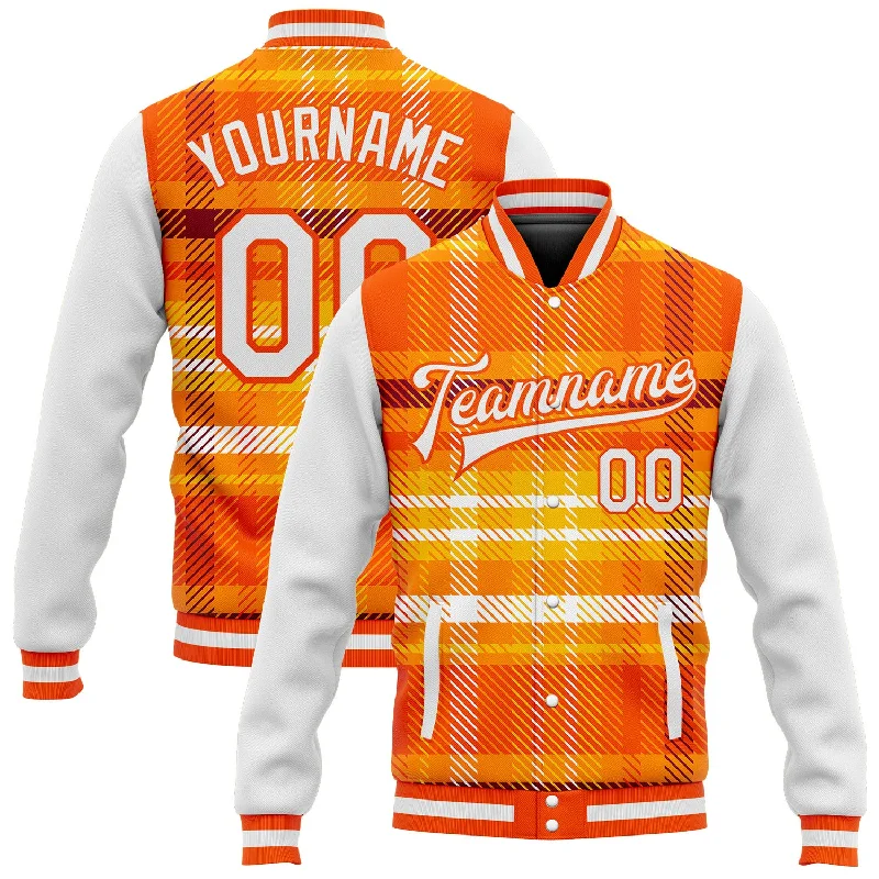 Minimalist Unisex Wardrobe Must-Haves End-Of-Season Clearance Custom Orange White Check Board 3D Pattern Design Bomber Full-Snap Varsity Letterman Jacket