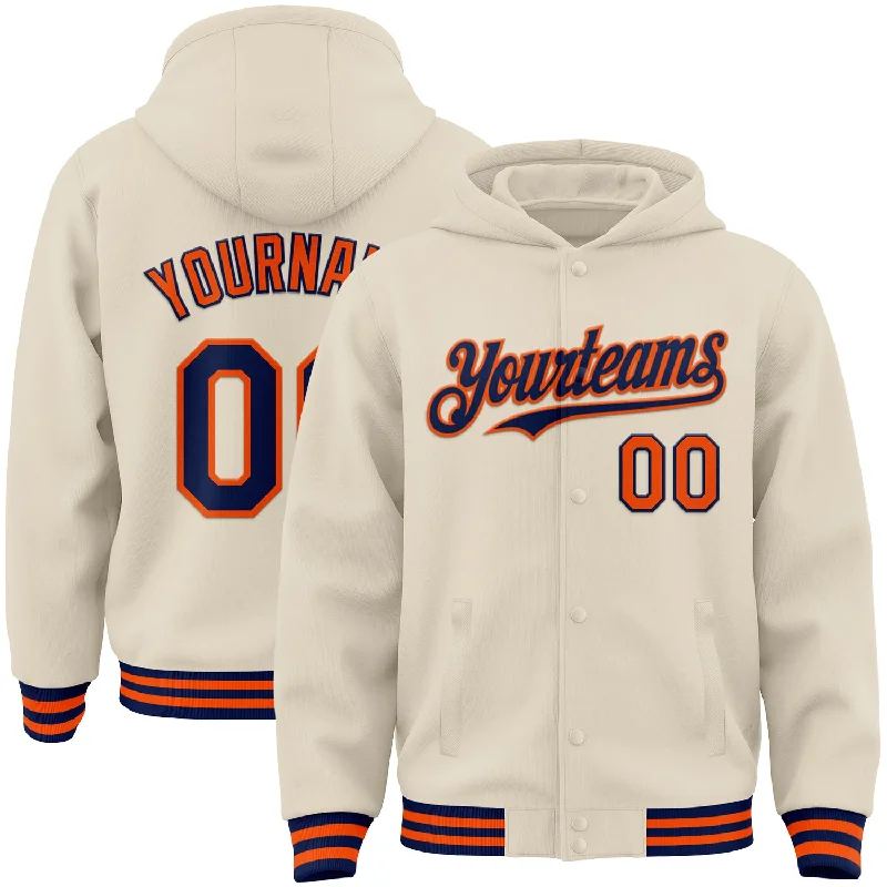 Fashion-Forward Gender-Neutral Outerwear Mega Sale Custom Cream Navy-Orange Bomber Full-Snap Varsity Letterman Hoodie Jacket