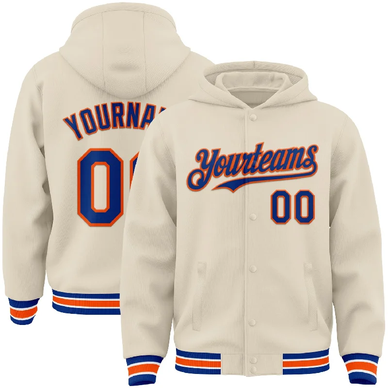 Versatile Gender-Free Wardrobe Essentials Flirty Fashion Discounts Custom Cream Royal Orange-White Bomber Full-Snap Varsity Letterman Hoodie Jacket