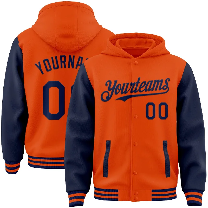 Minimalist Unisex Fashion Essentials Unbeatable Deals Custom Orange Navy Bomber Full-Snap Varsity Letterman Two Tone Hoodie Jacket