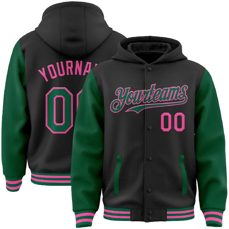 Oversized Unisex Fashion Pieces Casual Fashion Custom Black Kelly Green-Pink Bomber Full-Snap Varsity Letterman Two Tone Hoodie Jacket