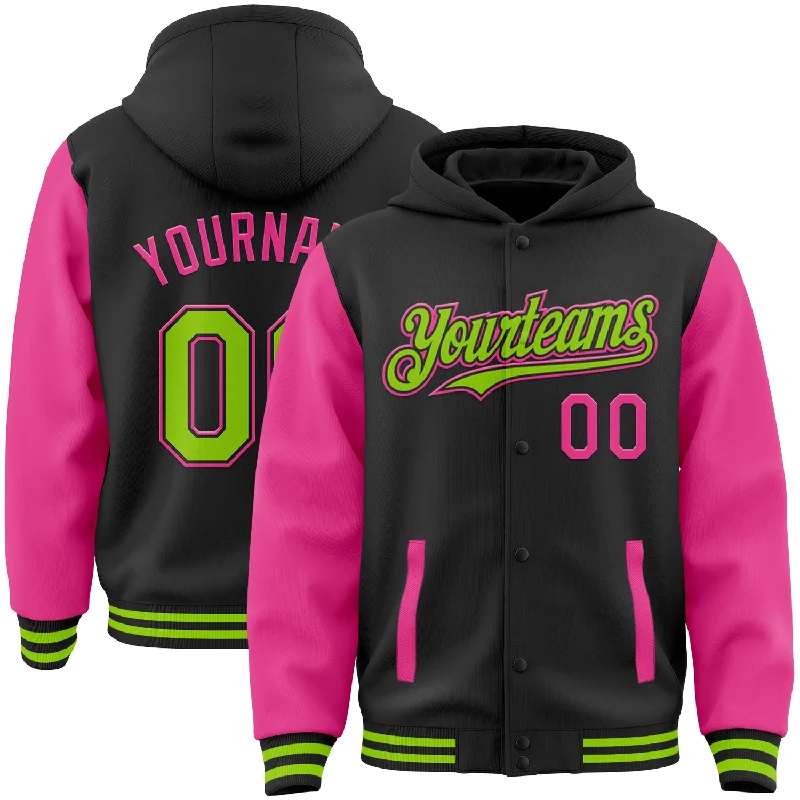 Elegant And Minimal Gender-Free Clothing Buy More, Save More Custom Black Neon Green-Pink Bomber Full-Snap Varsity Letterman Two Tone Hoodie Jacket