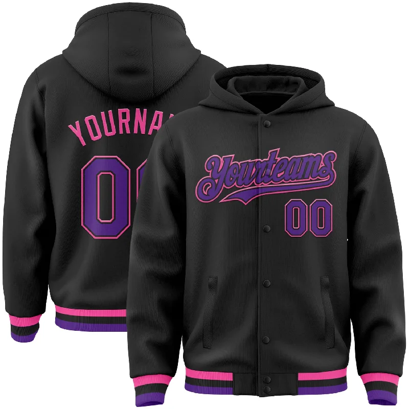 Oversized And Relaxed Unisex Fashion Exclusive Deals Online Custom Black Purple-Pink Bomber Full-Snap Varsity Letterman Hoodie Jacket