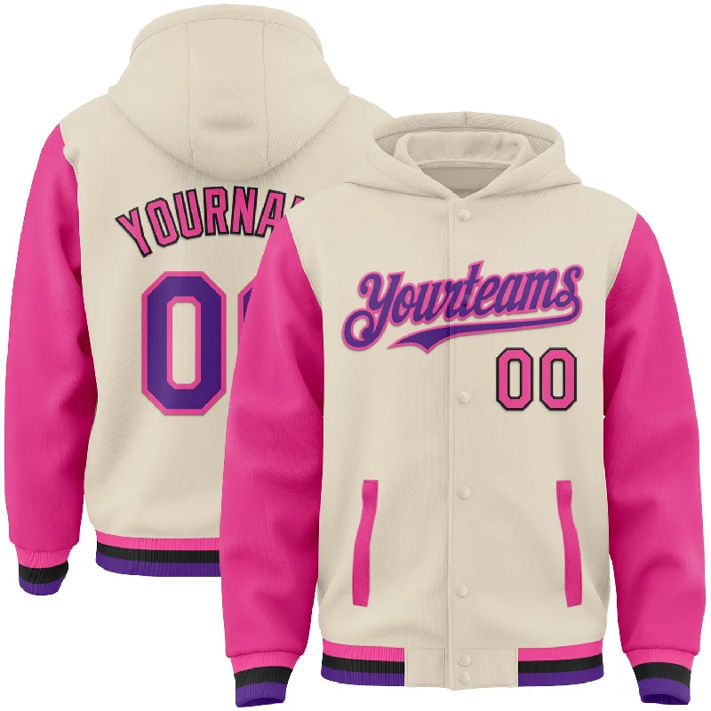 Soft And Breathable Unisex Loungewear Comfort Meets Fashion Custom Cream Purple Pink-Black Bomber Full-Snap Varsity Letterman Two Tone Hoodie Jacket