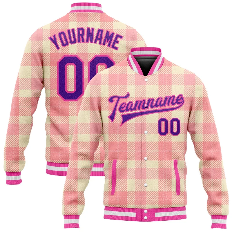 Functional And Stylish Unisex Outerwear Flash Sale Starts Custom Medium Pink Purple-Pink Classic Western Plaid 3D Pattern Design Bomber Full-Snap Varsity Letterman Jacket