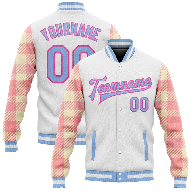 Modern Unisex Clothing For Any Occasion Limited Edition Custom White Light Blue Pink-Medium Pink Classic Western Plaid 3D Pattern Design Bomber Full-Snap Varsity Letterman Jacket