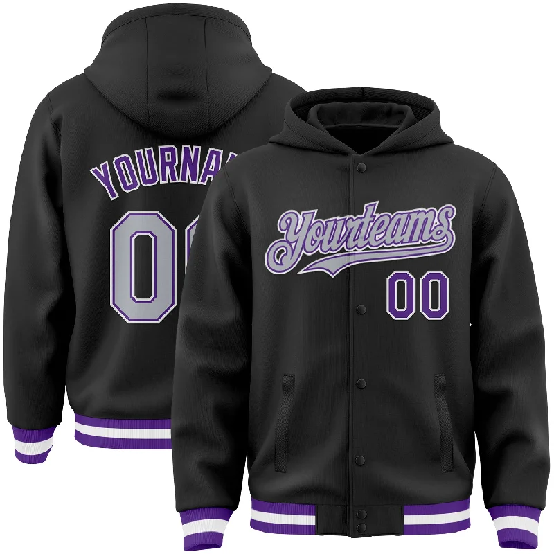 Urban Unisex Fashion Outfits Retro Style Promotions Custom Black Gray-Purple Bomber Full-Snap Varsity Letterman Hoodie Jacket