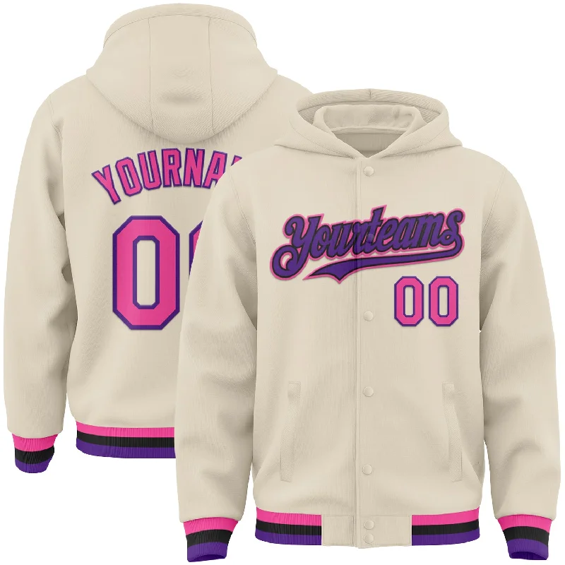 Modern Unisex Wardrobe Staples Limited Time Offers Custom Cream Pink Purple-Black Bomber Full-Snap Varsity Letterman Hoodie Jacket