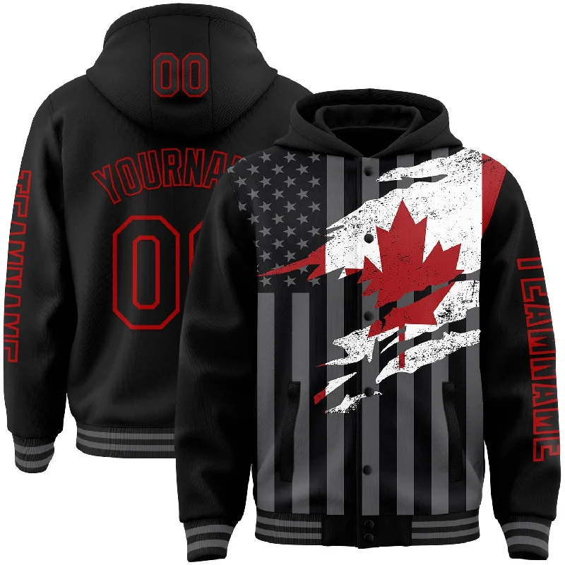 Elegant And Minimal Gender-Free Clothing Style Redefined Custom Black Red-Gray Canada Canadian Flag 3D Bomber Full-Snap Varsity Letterman Hoodie Jacket