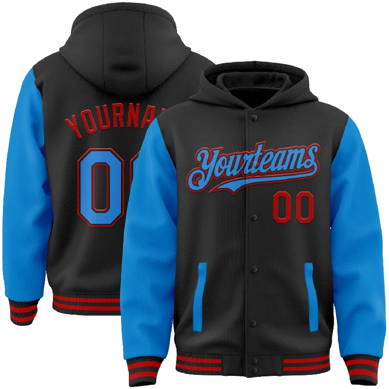 Urban-Inspired Unisex Fashion Trends Seasonal Sale Custom Black Powder Blue-Red Bomber Full-Snap Varsity Letterman Two Tone Hoodie Jacket