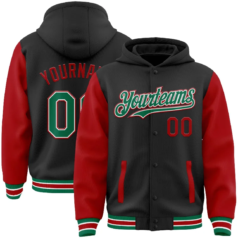 Fashion-Forward Gender-Neutral Outerwear Seize Bargains Custom Black Kelly Green-Red Bomber Full-Snap Varsity Letterman Two Tone Hoodie Jacket