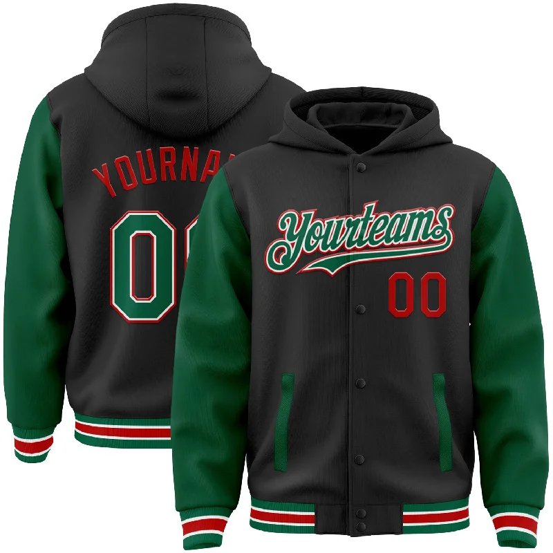 Gender-Neutral Clothing Styles Stylish Savings Custom Black Kelly Green-Red Bomber Full-Snap Varsity Letterman Two Tone Hoodie Jacket