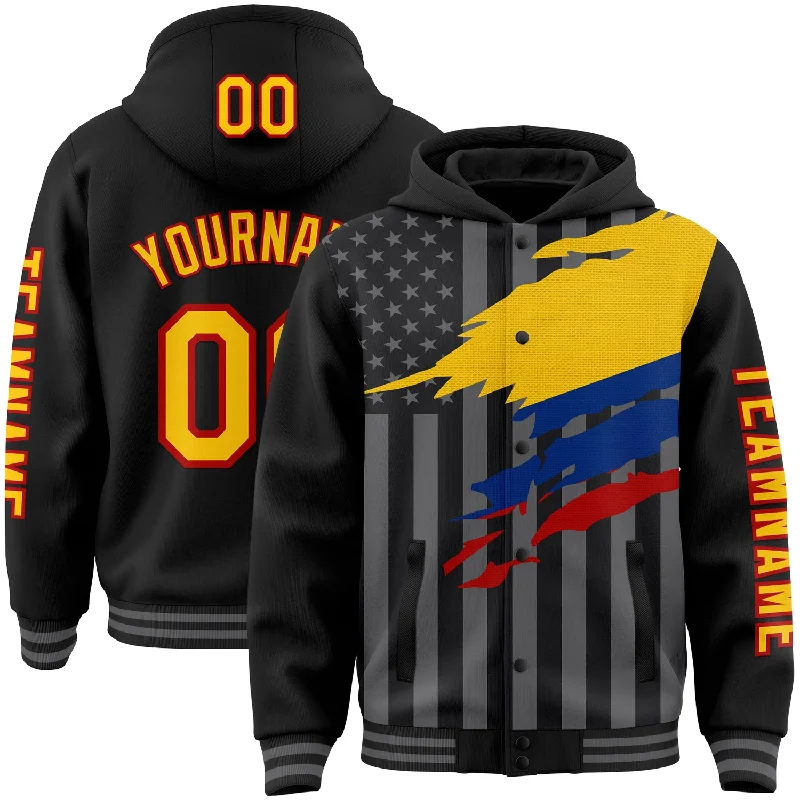 High-Quality Unisex Fashion Basics Unleash Your Fashion Custom Black Yellow Red-Gray Colombia Colombian Flag 3D Bomber Full-Snap Varsity Letterman Hoodie Jacket