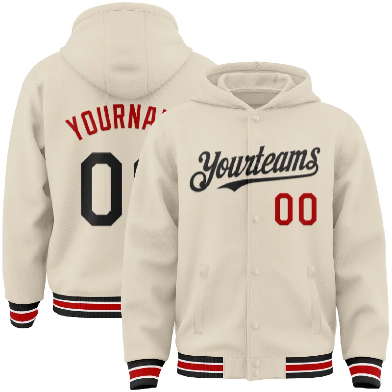 Functional And Stylish Unisex Outerwear Huge Markdowns Custom Cream Black Red-White Bomber Full-Snap Varsity Letterman Hoodie Jacket