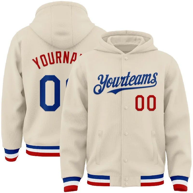 Comfortable Gender-Free Fashion Choices Discover Promotions Custom Cream Royal Red-White Bomber Full-Snap Varsity Letterman Hoodie Jacket