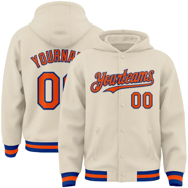 High-Quality Unisex Fashion Basics Playful Fashion Offers Custom Cream Orange-Royal Bomber Full-Snap Varsity Letterman Hoodie Jacket