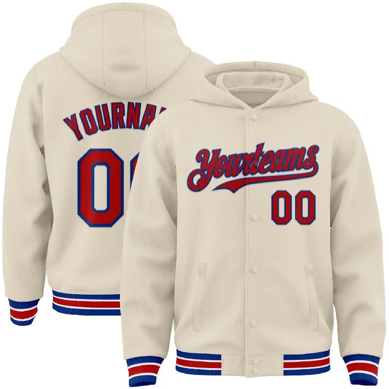 Sleek And Contemporary Gender-Free Outfits Trendy Fashion Sale Custom Cream Red Royal-White Bomber Full-Snap Varsity Letterman Hoodie Jacket