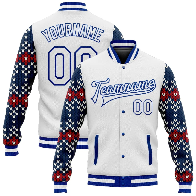 Fashion-Forward Gender-Neutral Outerwear Valentine's Special Custom White Royal-Navy Christmas 3D Bomber Full-Snap Varsity Letterman Jacket