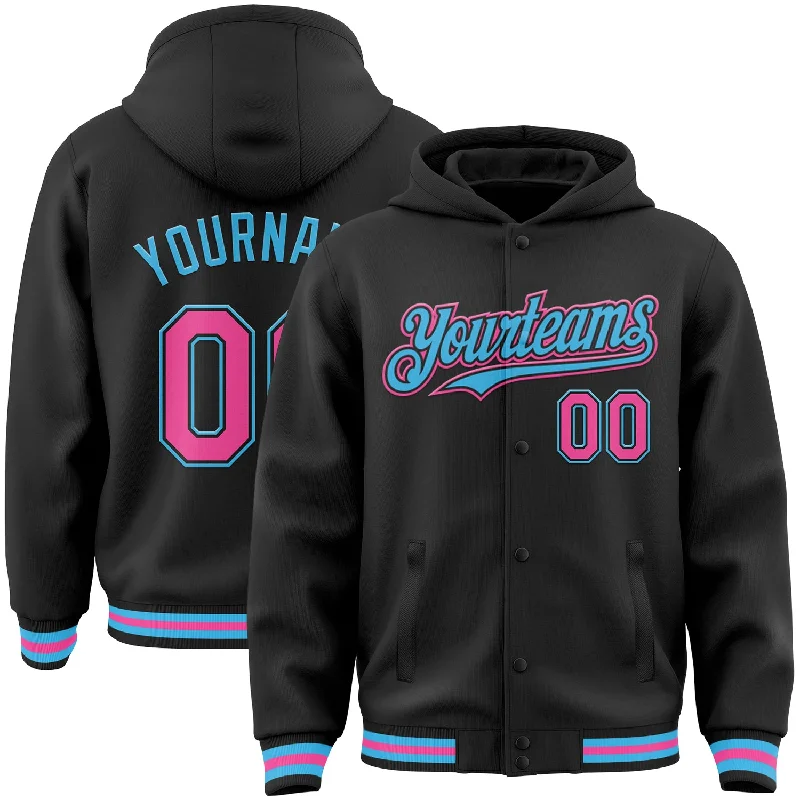 Trendy Unisex Style Redefined Custom Black Pink-Sky Blue Bomber Full-Snap Varsity Letterman Hoodie Jacket