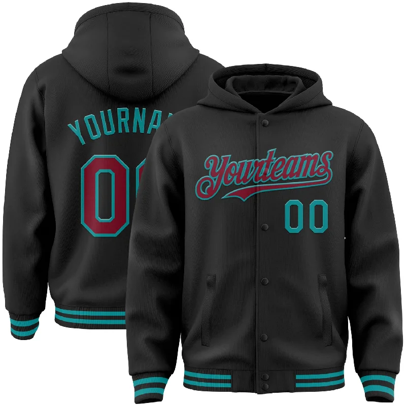 Elegant And Minimal Gender-Free Clothing Chic Styles Custom Black Crimson-Teal Bomber Full-Snap Varsity Letterman Hoodie Jacket