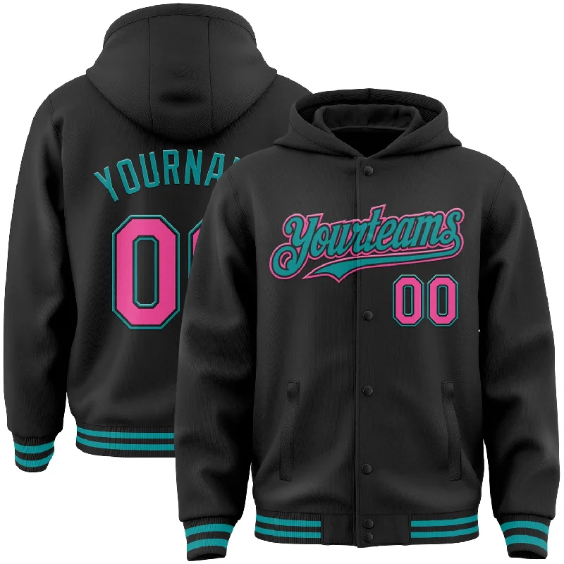 Urban-Inspired Unisex Fashion Pieces Season Sale Custom Black Pink-Teal Bomber Full-Snap Varsity Letterman Hoodie Jacket