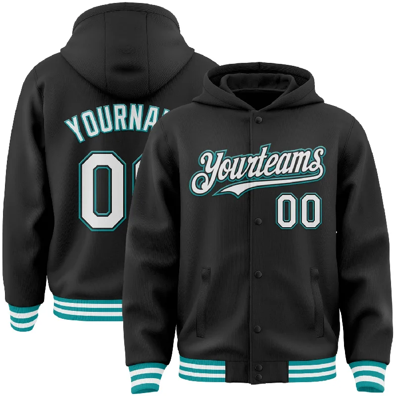 Trendy Unisex Streetwear Fashion Huge Discounts This Week Custom Black White-Teal Bomber Full-Snap Varsity Letterman Hoodie Jacket